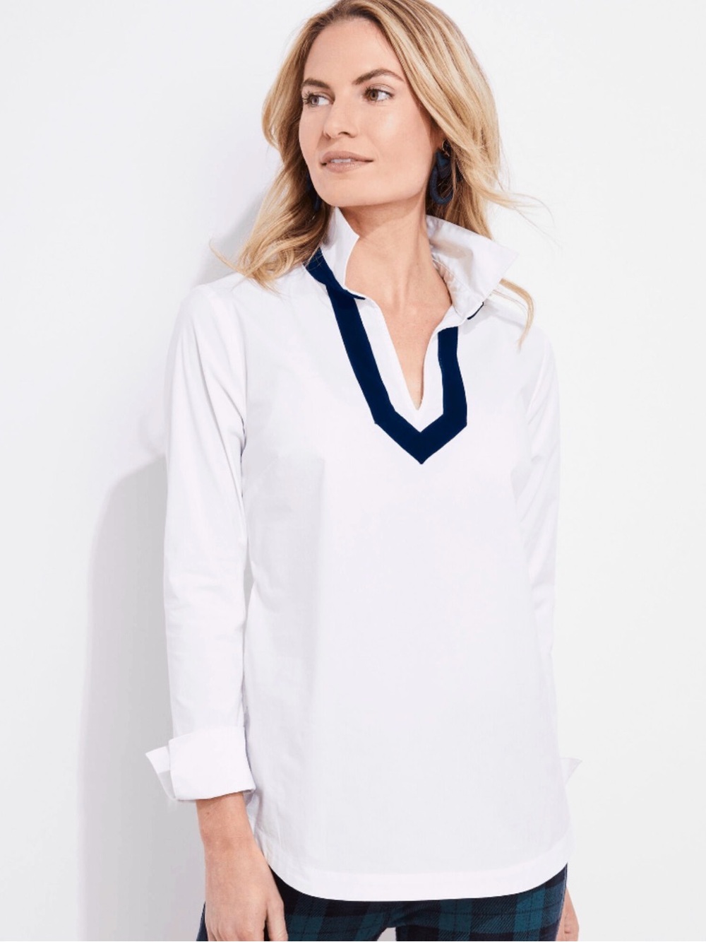 Vineyard Vines Purple Velvet Trim White Popover Tunic Top Small EUC